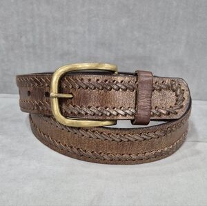 Nine West belt women's medium bronze metallic leather woven detail brass buckle
